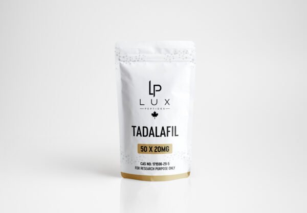 White resealable medical pouch with LUX branding and the word TADALAFIL, gold bottom, standing upright on a light background.