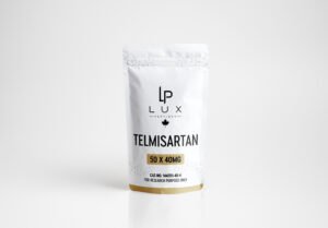 White resealable pouch showing TELMISARTAN branding, Lux logo, and gold bottom trim; a research-use pharmaceutical package.