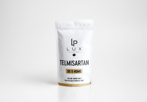 White resealable pouch showing TELMISARTAN branding, Lux logo, and gold bottom trim; a research-use pharmaceutical package.