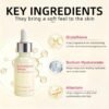 Infographic of a skincare serum bottle with three ingredient highlights: Glutathione for balanced appearance, Sodium Hyaluronate for hydrated skin, and Allantoin for calm, comfortable skin.