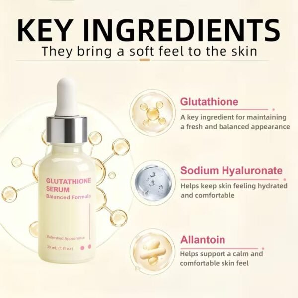 Infographic of a skincare serum bottle with three ingredient highlights: Glutathione for balanced appearance, Sodium Hyaluronate for hydrated skin, and Allantoin for calm, comfortable skin.