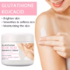 Glutathione Kojic Acid Radiance Cream advertisement with a jar of cream and a woman applying it to her shoulder, listing benefits: brighten, smooth, moisturize skin.