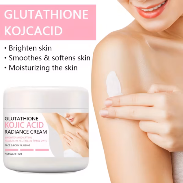 Glutathione Kojic Acid Radiance Cream advertisement with a jar of cream and a woman applying it to her shoulder, listing benefits: brighten, smooth, moisturize skin.
