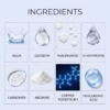 Grid of twelve skincare ingredient tiles with captions like AQUA, GLYCERIN, NIACINAMIDE, 1,2-HEXANEDIOL, CARBOMER, ARGININE, COPPER TRIPEPTIDE-1, HYALURONIC ACID, and related visuals illustrating each ingredient's name.