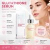 Promotional image for Glutathione Serum: a woman applies serum with a dropper, shown with the bottle and boxed packaging, highlighting a radiant, even, refreshed look.