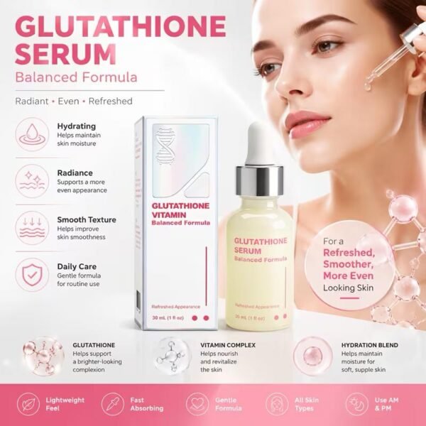Promotional image for Glutathione Serum: a woman applies serum with a dropper, shown with the bottle and boxed packaging, highlighting a radiant, even, refreshed look.