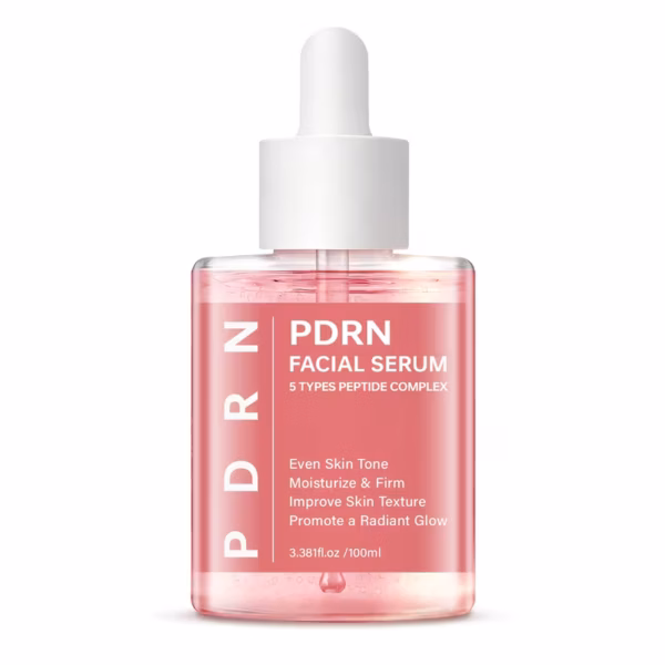Bottle of PDRN facial serum with a dropper, pink liquid, and white label reading 'PDRN Facial Serum' with '5 Types Peptide Complex'