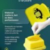 Gloved hand dropping a needle into a yellow Sharpsafe sharps container; slogan on the left mentions performance and recycled materials.