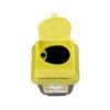 Yellow medical sharps disposal container with its lid open, exposing the circular needle entry port and star-shaped insert area, labeled biohazard on the side.