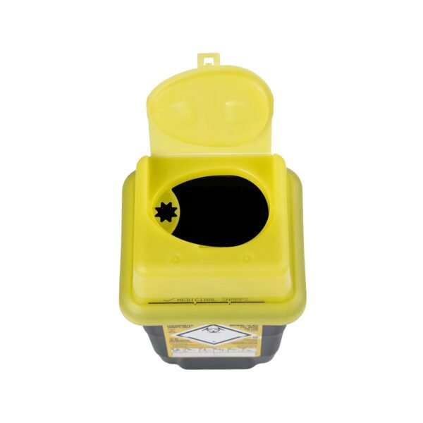 Yellow medical sharps disposal container with its lid open, exposing the circular needle entry port and star-shaped insert area, labeled biohazard on the side.