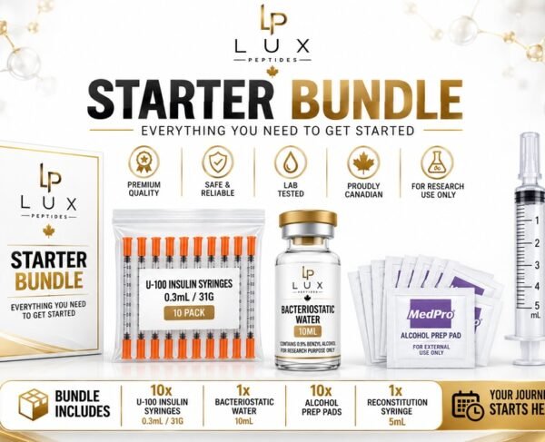LP Lux Peptides Starter Bundle: insulin syringes, bacteriostatic water, alcohol prep pads, and a syringe—everything you need to get started.