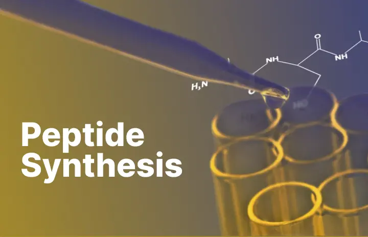 peptide-synthesis-banner-mobile - LUX PEPTIDES Per pipette dropping liquid into test tubes for peptide synthesis, with the text 'Peptide Synthesis' on the left.