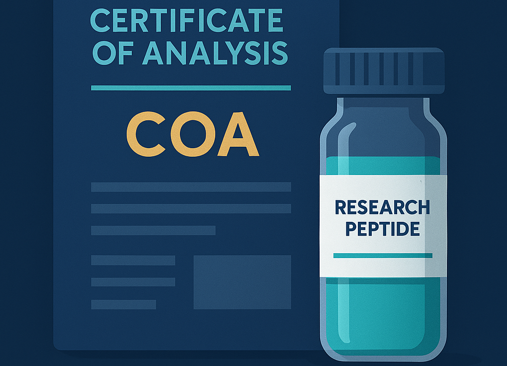 COA document labeled 'Certificate of Analysis' beside a peptide vial labeled 'Research Peptide' on a dark blue background.