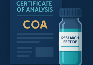 COA document labeled 'Certificate of Analysis' beside a peptide vial labeled 'Research Peptide' on a dark blue background.