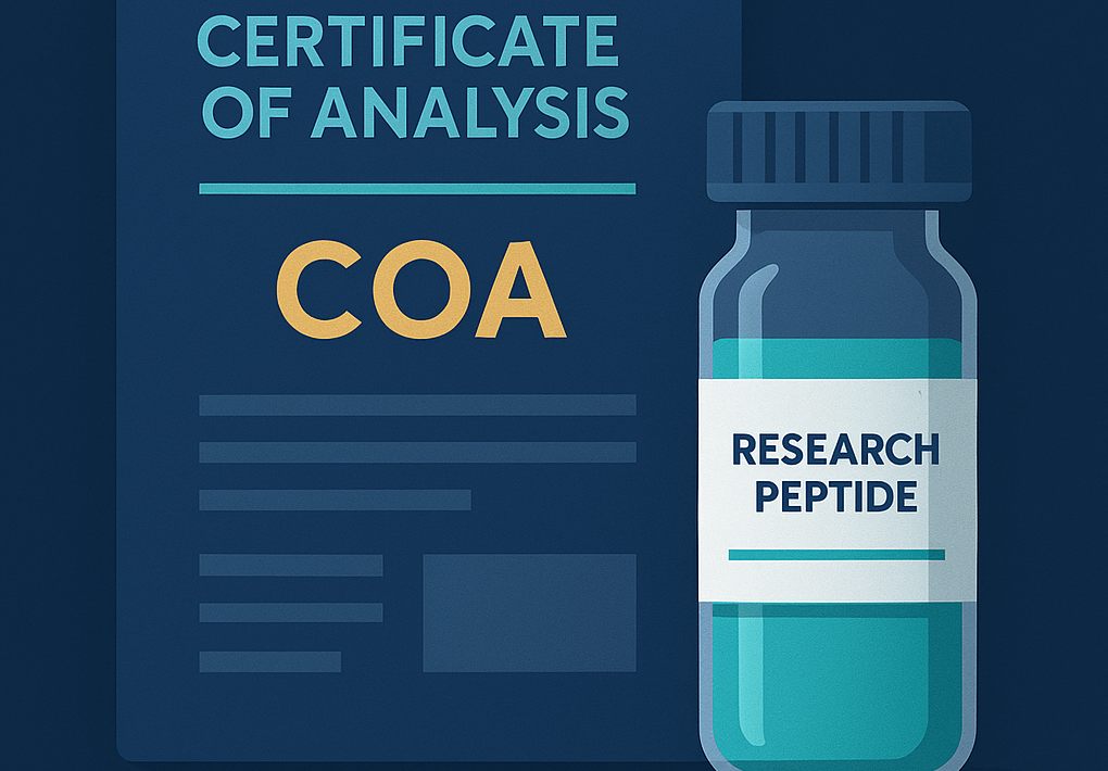priority-aminos-certificate-of-analysis-peptide-coa-ruopng - LUX PEPTIDES COA document labeled 'Certificate of Analysis' beside a peptide vial labeled 'Research Peptide' on a dark blue background.