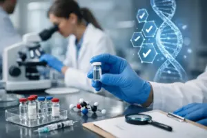 Lab scene with a researcher wearing blue gloves holding a small vial; a microscope and vials on the bench, plus a DNA helix graphic in the background.