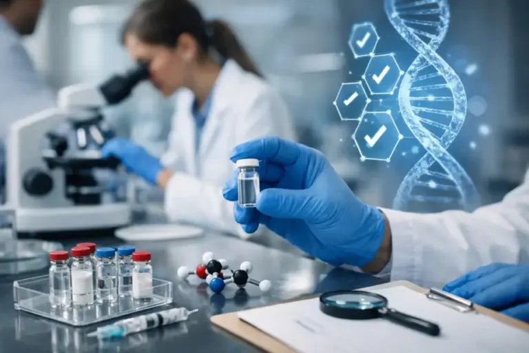 Lab scene with a researcher wearing blue gloves holding a small vial; a microscope and vials on the bench, plus a DNA helix graphic in the background.