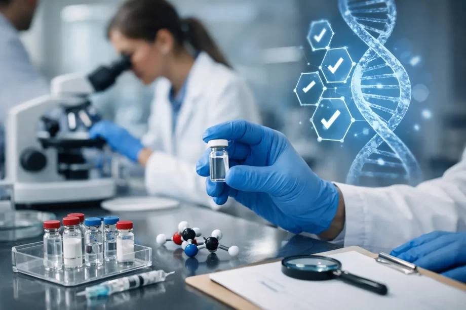 research-peptide-quality-assurance-guide-featured-920x613 - LUX PEPTIDES Lab scene with a researcher wearing blue gloves holding a small vial; a microscope and vials on the bench, plus a DNA helix graphic in the background.