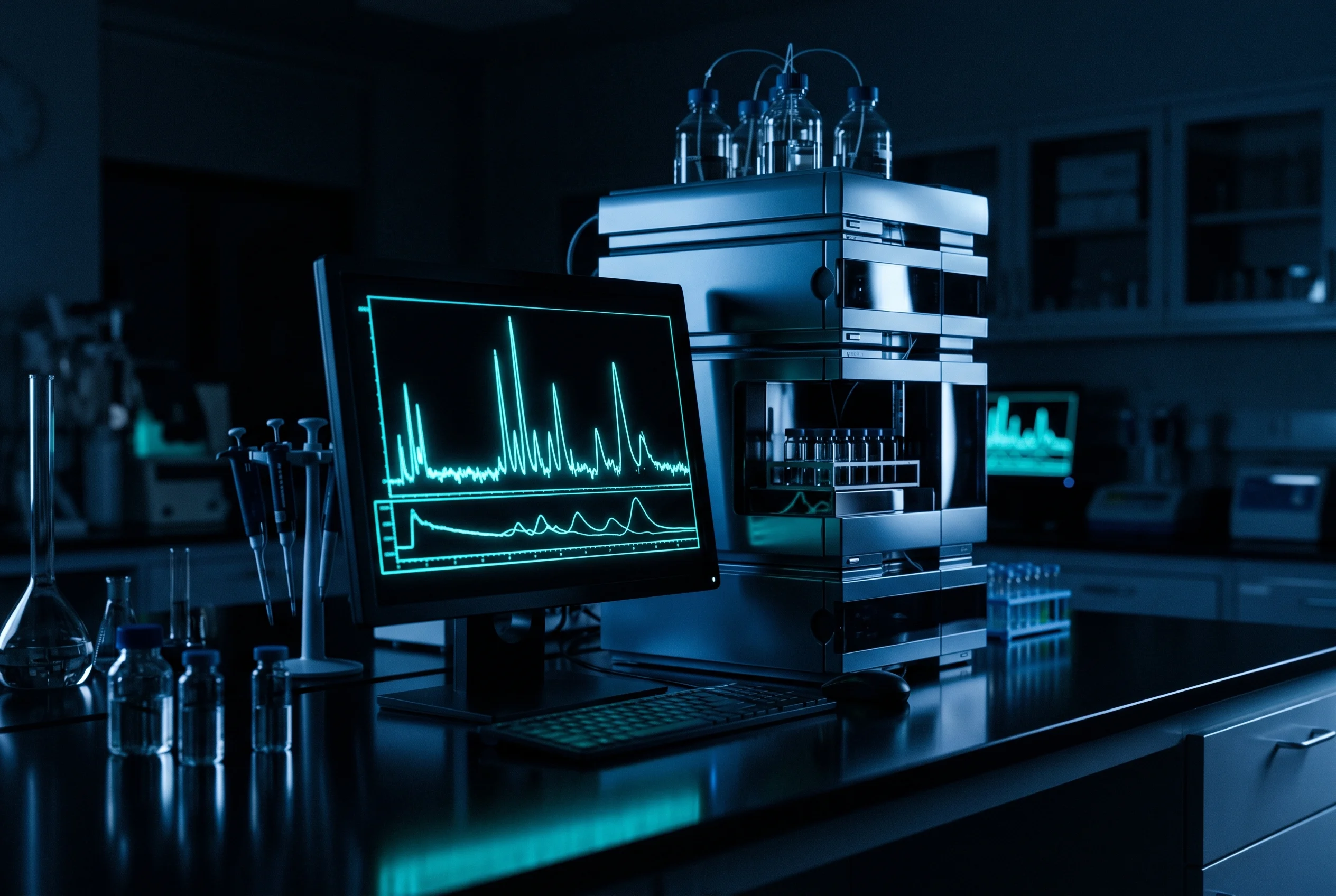 IMG_3387 - LUX PEPTIDES Lab workstation with a monitor displaying neon blue graphs and a stacked analytical instrument rig beside it in a dark, high-tech lab.