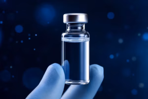 Clear glass vial with metal cap held by gloved fingers against a dark blue background.